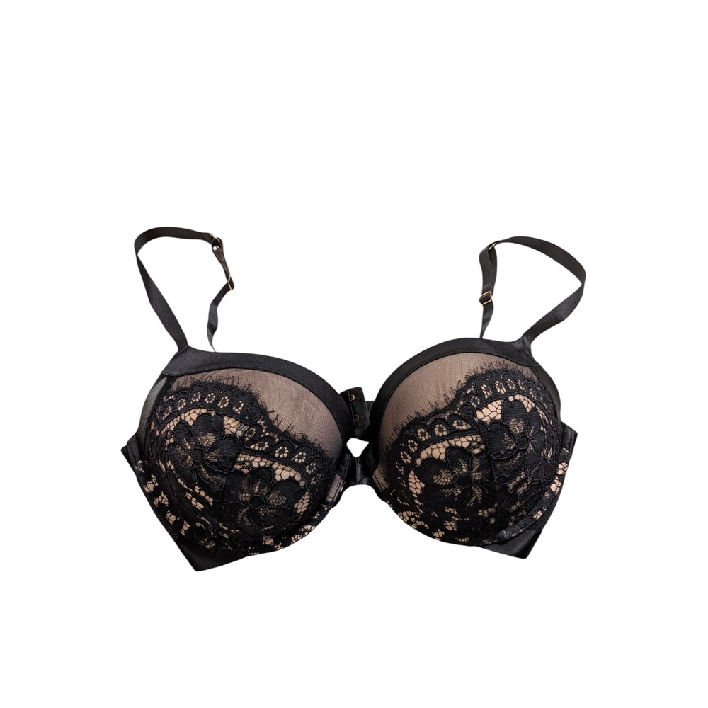 Victorias Secret Very Sexy Push Up Bra 36DD Black Lace Nude Mesh Underwire Gold